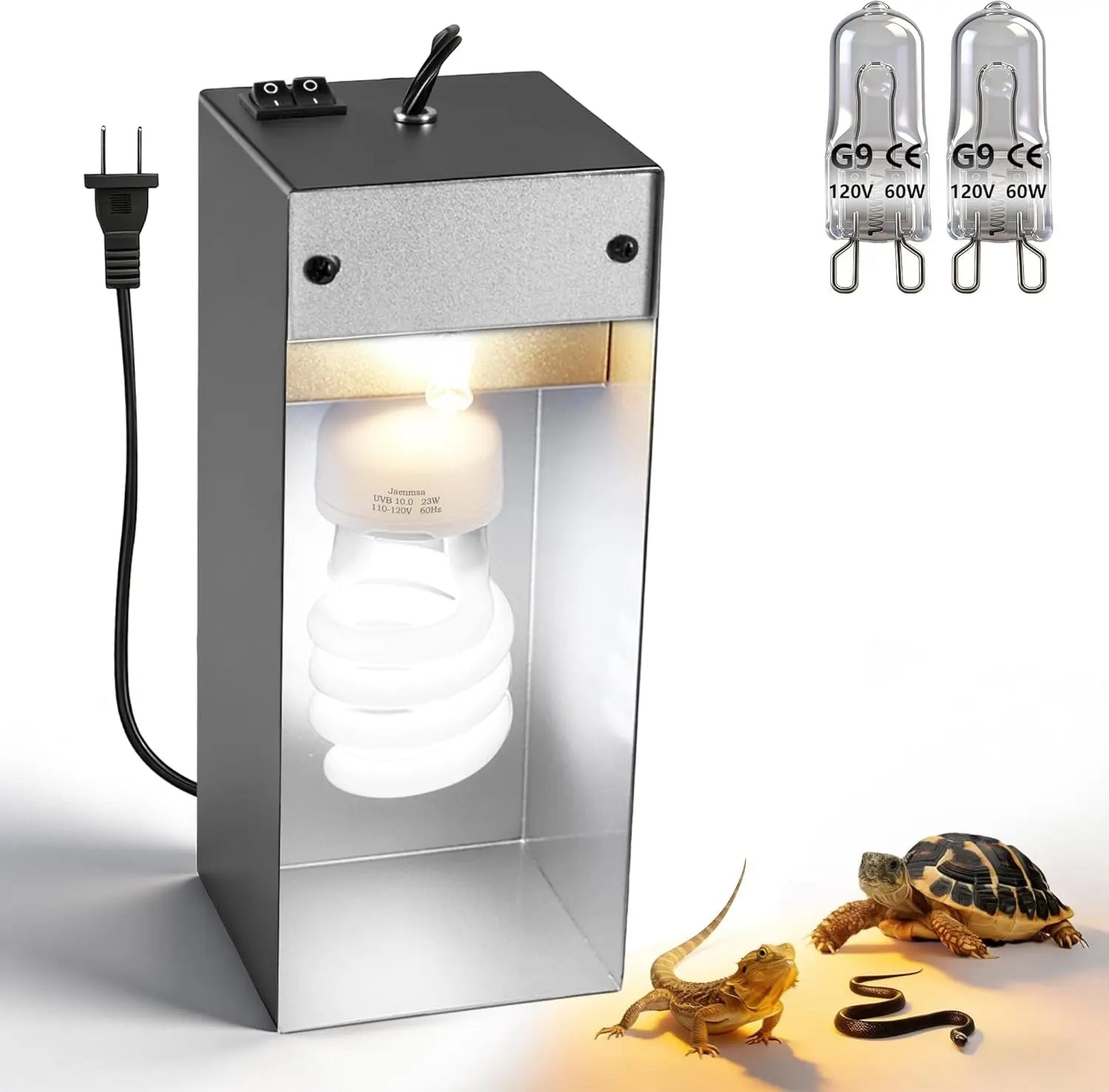 Dual Reptile Heat Lamp Fixture 23W UVB 10.0 2x60W Basking Bulbs Max 90W